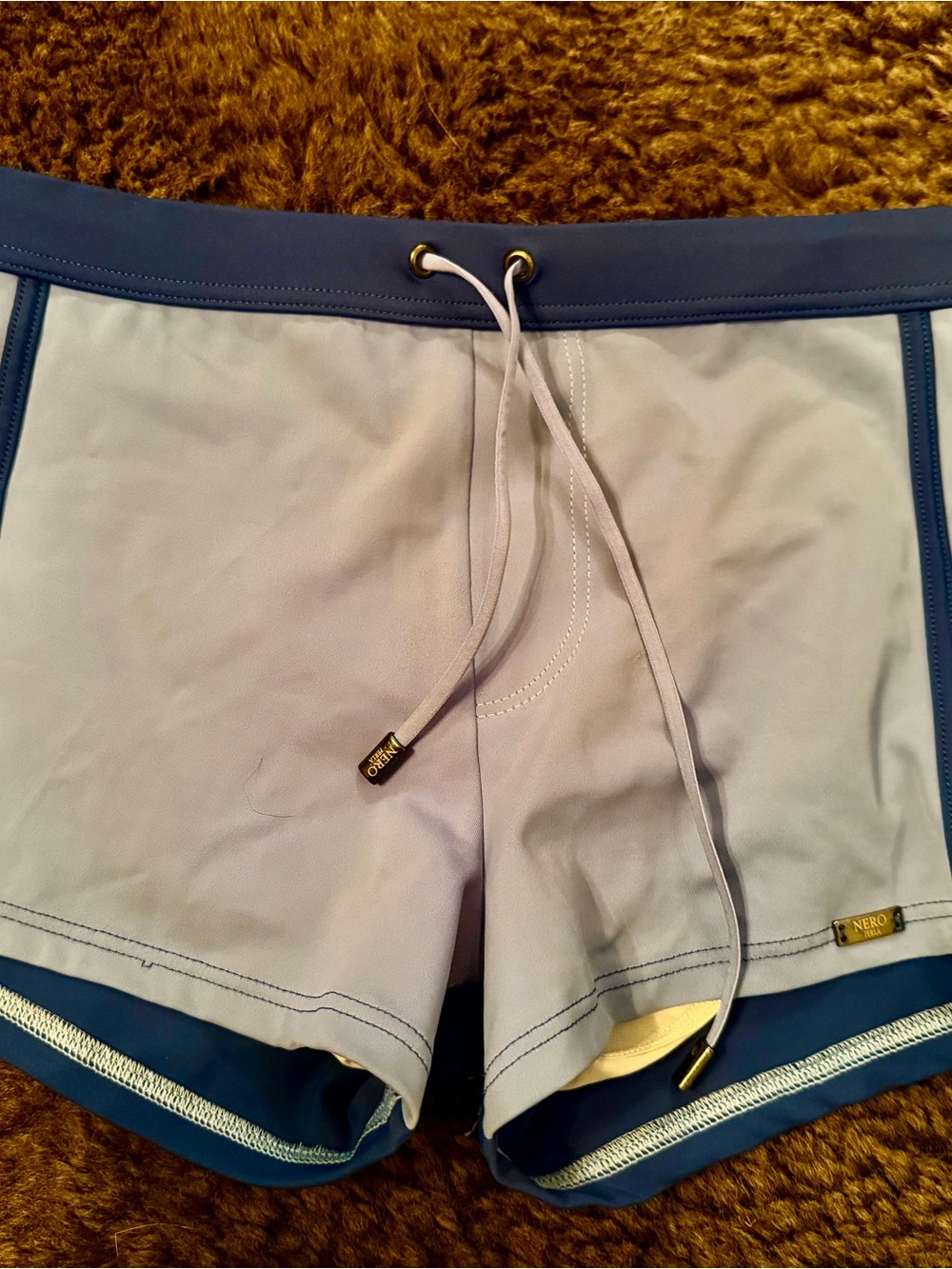 Light Blue Men's Swim Trunks with Black Waist Trim - Picture 12 of 13